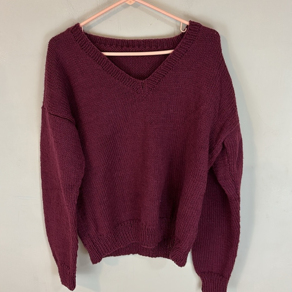 Handmade Maroon V-Neck Sweater Ribbed Hem
Neck and Cuffs